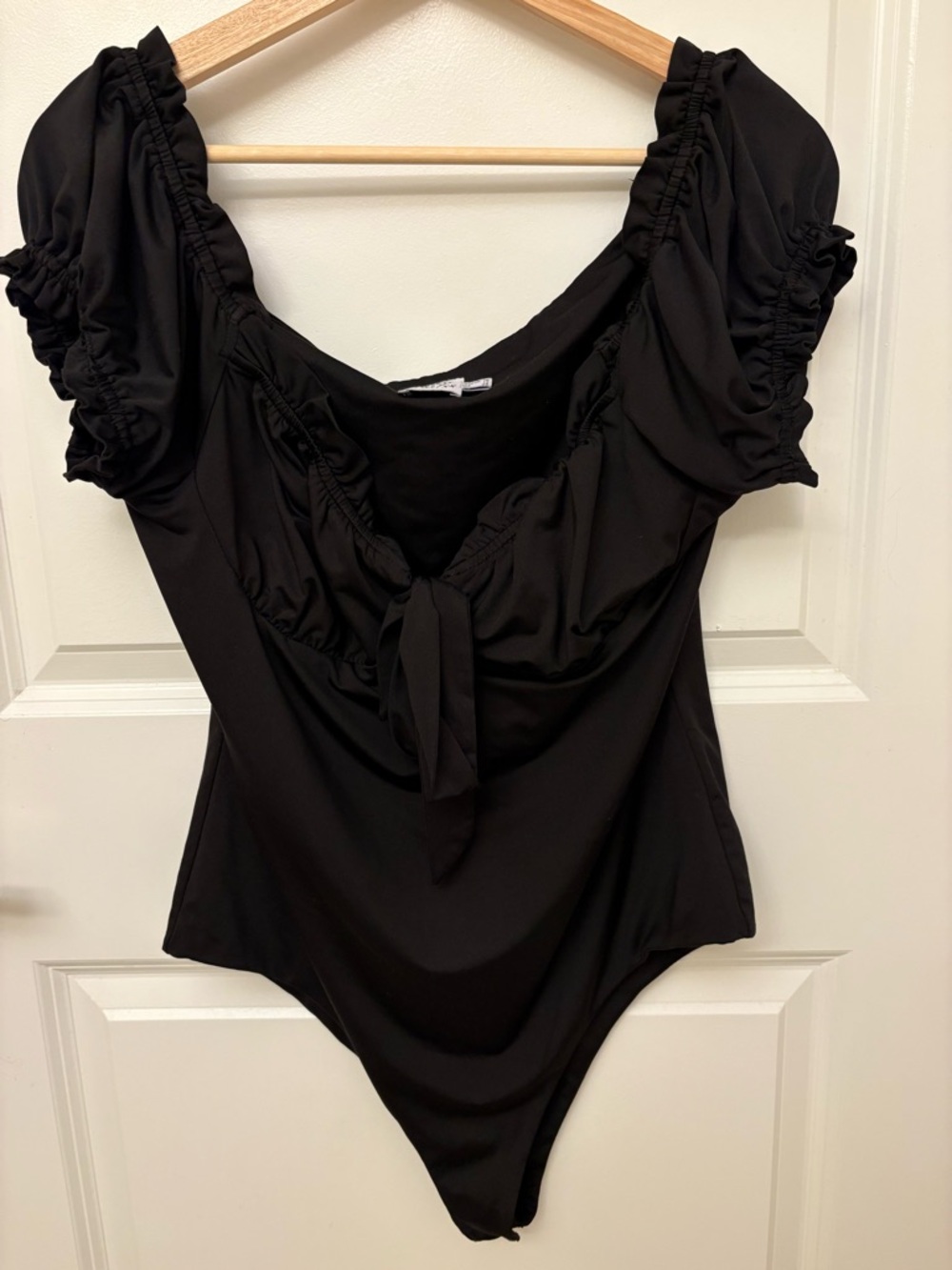 Princess Polly Black Ruched Tie-Front Bodysuit Size 14/Large